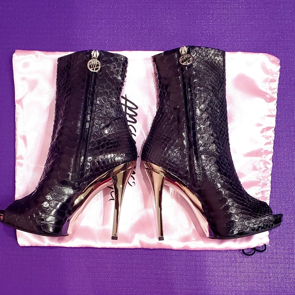 MASSIMO OGAMA BLACK GENUINE PYTHON Opentoe Heels Boots. Made In Italy. Size 36. - Picture 3 of 9
